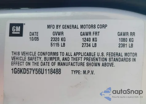 2006 Cadillac Dts Standard z USA, uszkodzony, nr VIN 1G6KD57Y56U118488